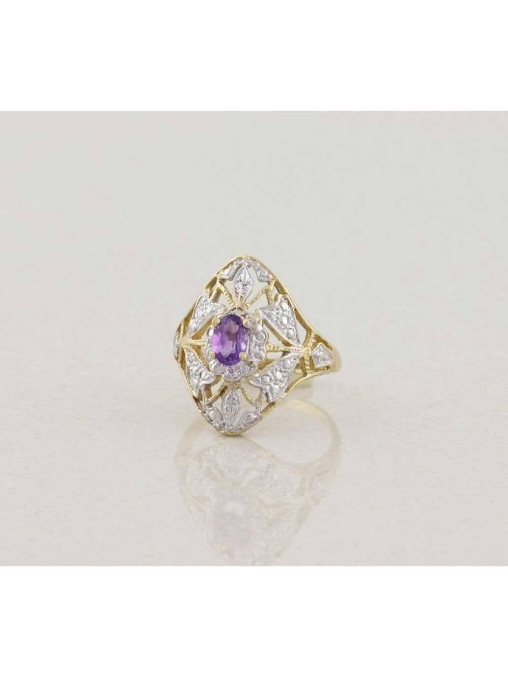 10k Yellow Gold & White Gold Natural Amethyst Ring Filigree Flower Size 7 - Picture 5 of 7